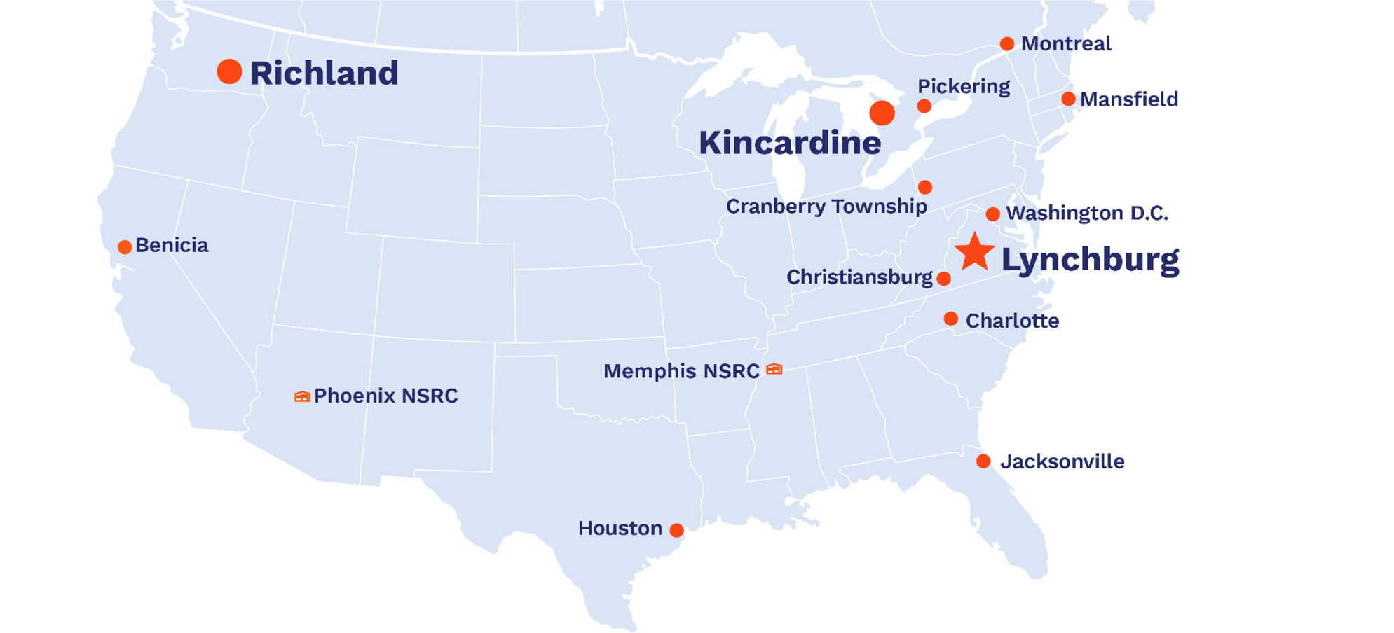 Map of North America showing Framatome office locations in Lynchburg Virginia, Richland Washington, Kincardine Ontario, Mansfield Massachusetts, and Charlotte North Carolina
