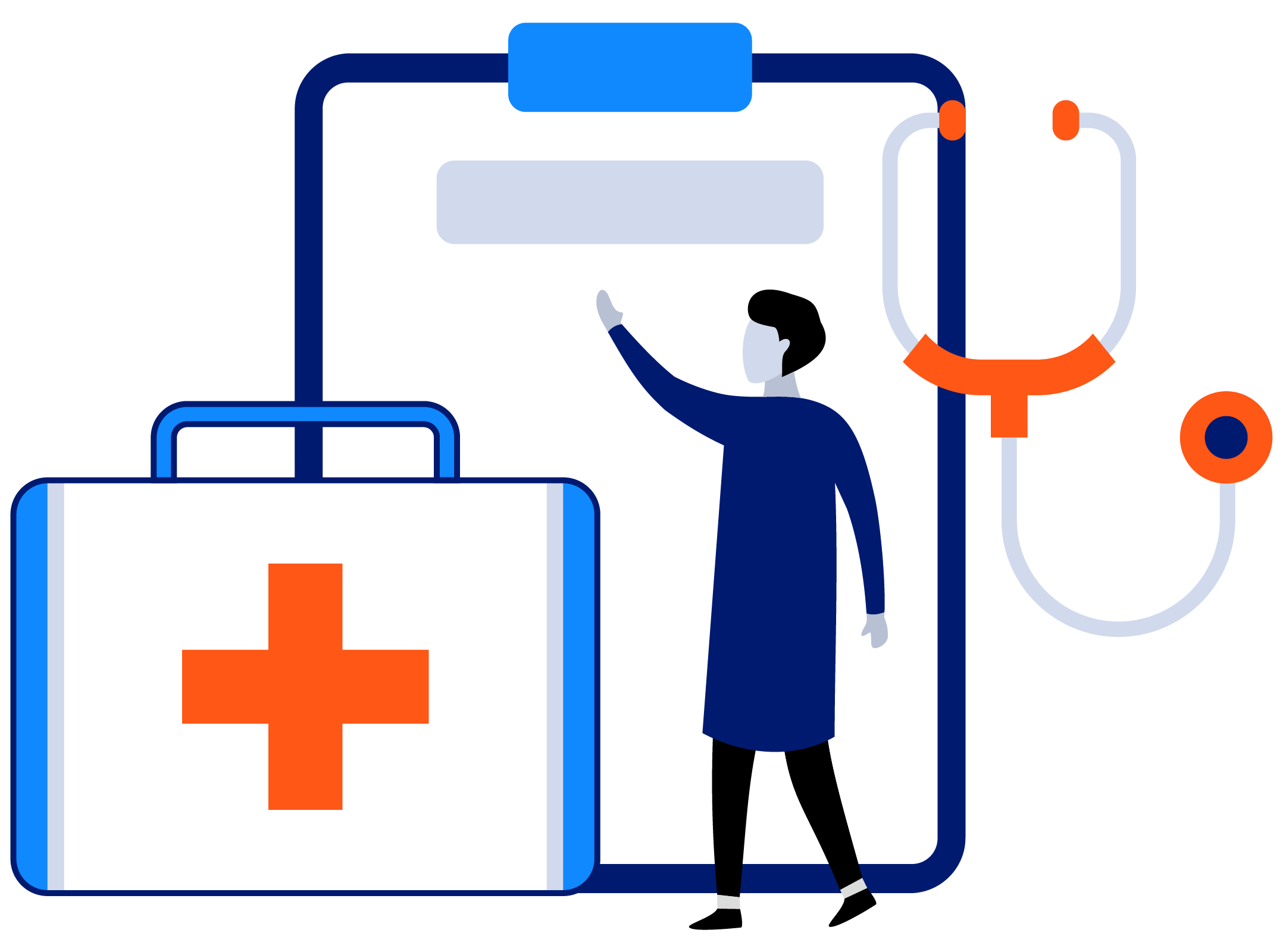 Illustration of health and wellness showing a person with clipboard and medical devices representing healthcare coverage